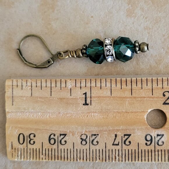 Peacock Green Crystal Clear Rhinestone Rondelle Earrings Bronze Brass Lever Back - Picture 4 of 5